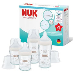 NUK Perfect Match stikliniai buteliukai kūdikiams, 4 vnt., 120 ml ir 230 ml, su silikoniniais žindukais