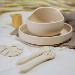 PETITE&MARS silikoninis šaukštelis ir šakutė 6m+ Desert Sand