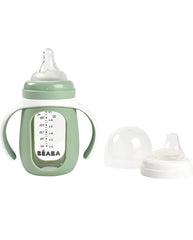 Beaba mokomasis stiklinis buteliukas-gertuvė 2in1, 210 ml, sage green, silikoniniame dėkle
