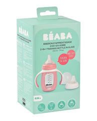 Beaba mokomasis stiklinis buteliukas-gertuvė 2in1, 210 ml, old pink, silikoniniame dėkle