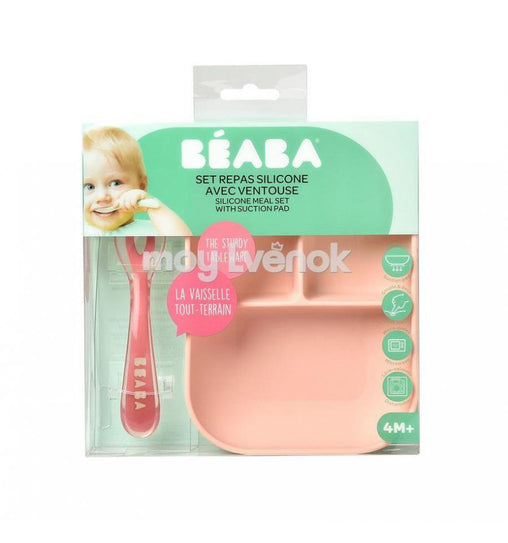 Beaba silikoniniu dugnu prilimpanti 3 skyrių lėkštė su šaukšteliu - spalva - pink