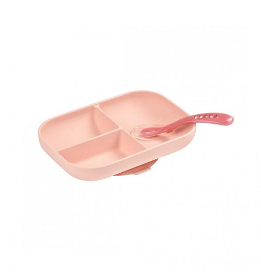 Beaba silikoniniu dugnu prilimpanti 3 skyrių lėkštė su šaukšteliu - spalva - pink