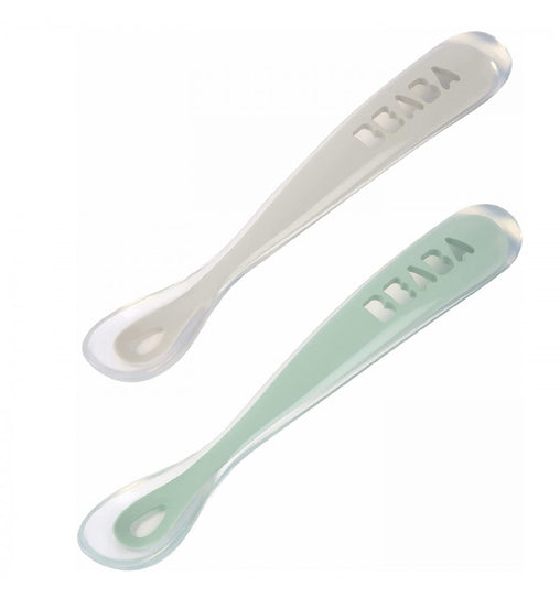 Beaba  silikoninių  šaukštelių 2vnt. rinkinys su dėžute - Spalva - Velvet Grey/Sage Green