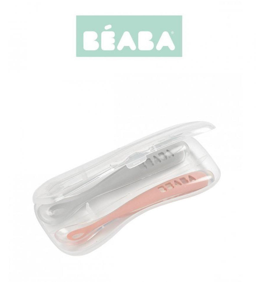 Beaba pradinio maitinimo silikoninių 2vnt. šaukštelių rinkinys su dėžute - Spalva - Grey Pink