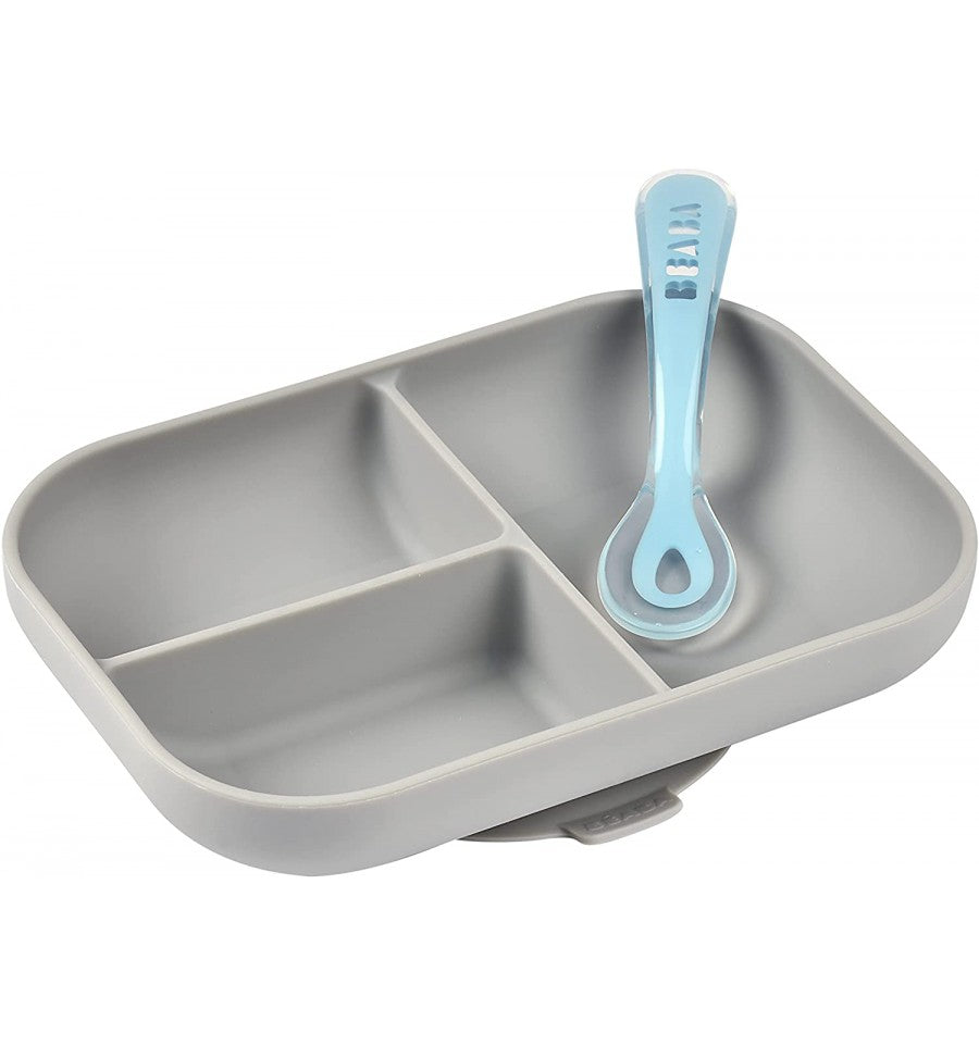 Beaba silikoniniu dugnu prilimpanti 3 skyrių lėkštė su šaukšteliu - spalva - grey