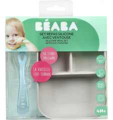 Beaba silikoniniu dugnu prilimpanti 3 skyrių lėkštė su šaukšteliu - spalva - grey