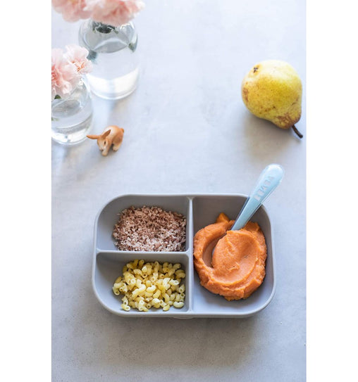 Beaba silikoniniu dugnu prilimpanti 3 skyrių lėkštė su šaukšteliu - spalva - grey
