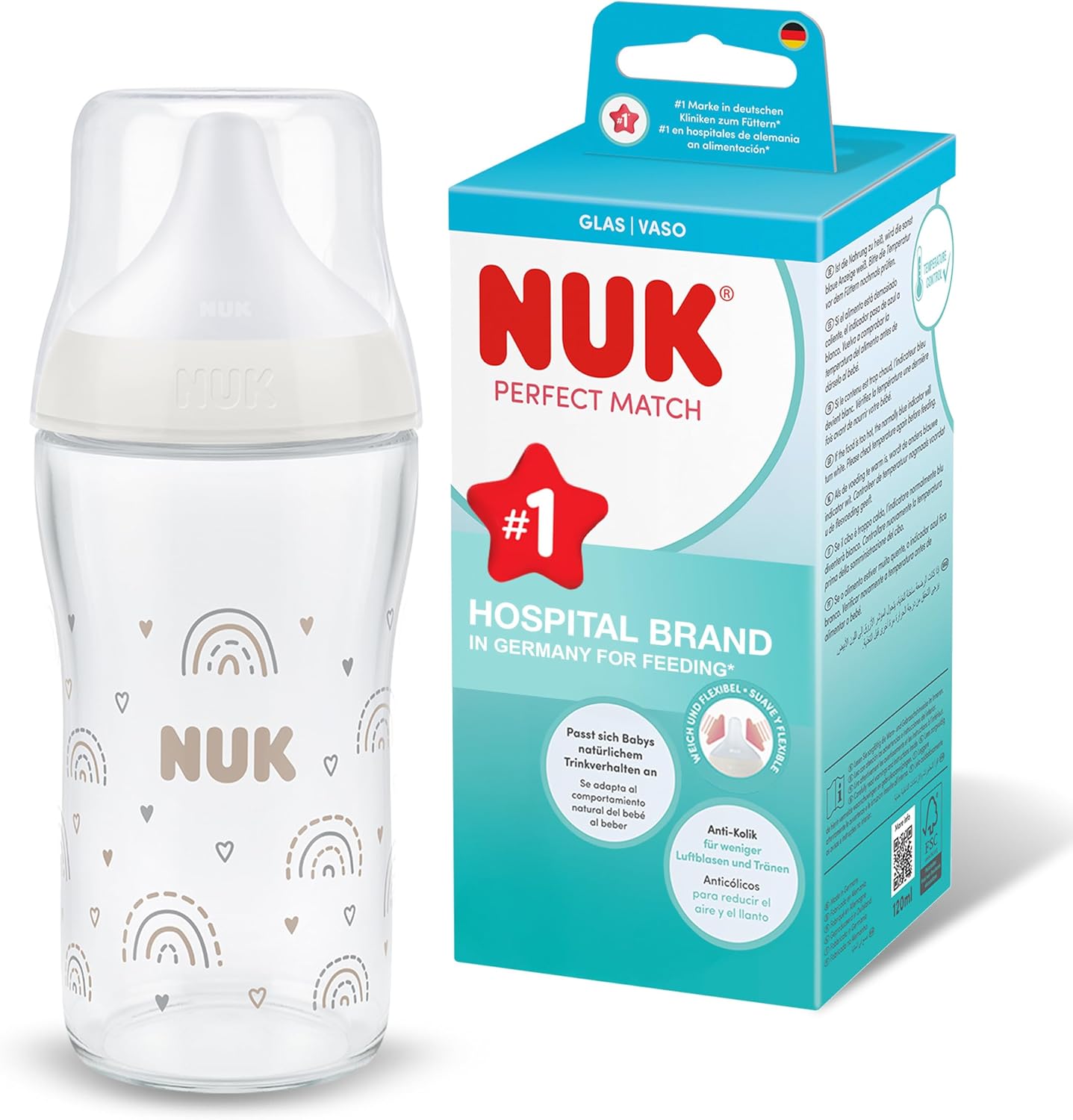 NUK Perfect Match stiklinis buteliukas 230 ml Rainbow