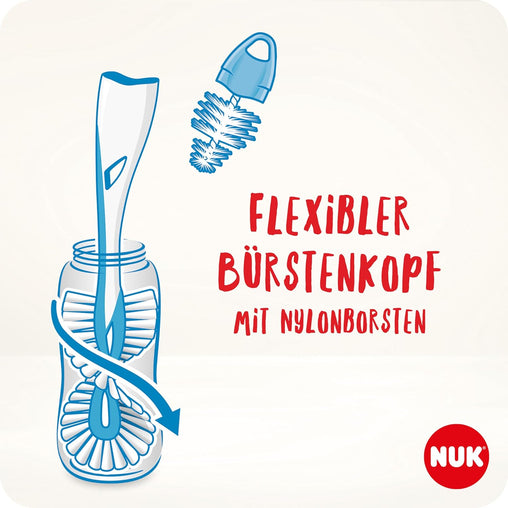 NUK 2-in-1 buteliukų šepetėlis su integruotu žindukų šepetėliu, ergonomiška rankena, 1 vnt.
