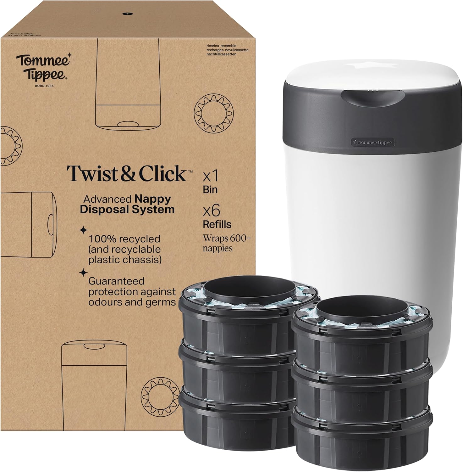 Tommee Tippee Twist and Click sauskelnių konteineris su 6 kasetėmis