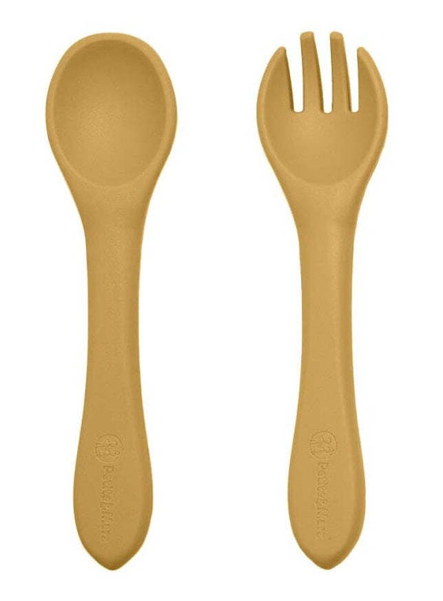 PETITE&MARS silikoninis šaukštelis ir šakutė 6m+ Intense Ochre