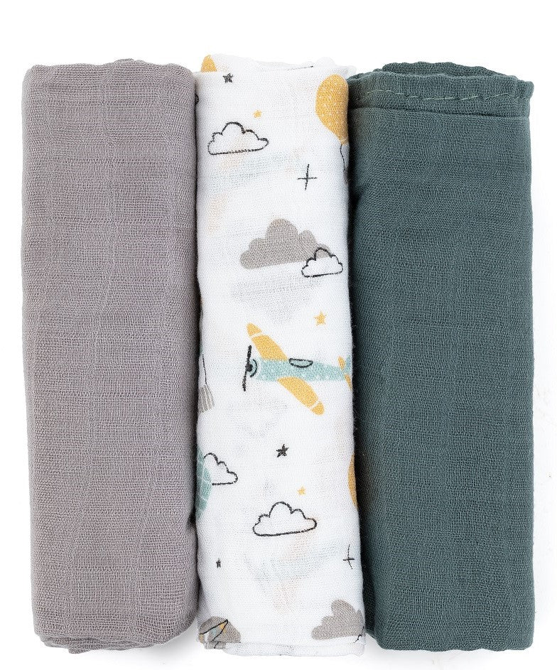 PETITE&MARS muslino vystyklai 3vnt. 68x68, Moussy - Grey Planes
