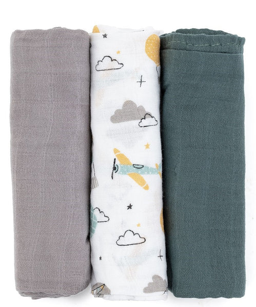 PETITE&MARS muslino vystyklai 3vnt. 68x68, Moussy - Grey Planes
