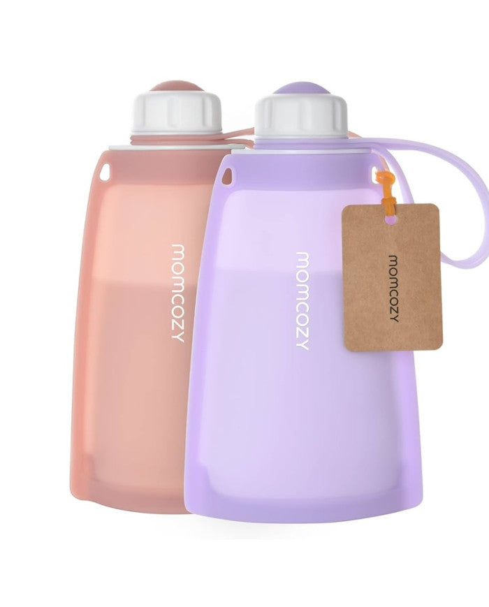 Momcozy daugkartiniai silikoniniai pieno ir maisto laikymo maišeliai, 2 vnt., violetinis ir rausvas