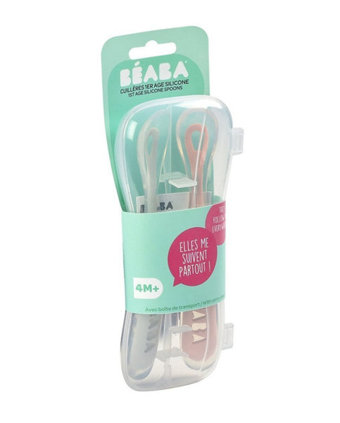 Beaba pradinio maitinimo silikoninių 2 vnt.šaukštelių rinkinys su dėžute, cotton candy/sorbet Duo