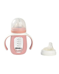Beaba mokomasis stiklinis buteliukas-gertuvė 2in1, 210 ml, old pink, silikoniniame dėkle