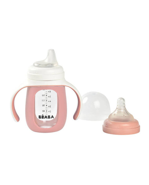 Beaba mokomasis stiklinis buteliukas-gertuvė 2in1, 210 ml, old pink, silikoniniame dėkle