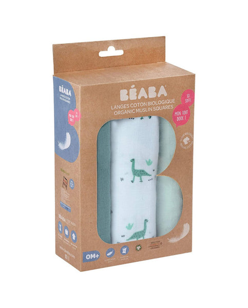 Beaba medvilninių 3 vnt. vystyklų rinkinys, jurassic green