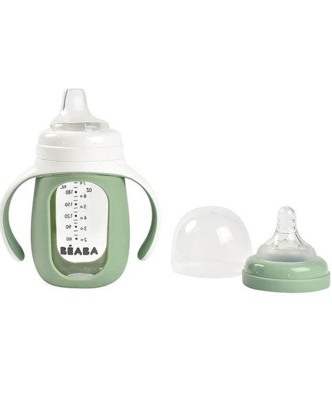 Beaba mokomasis stiklinis buteliukas-gertuvė 2in1, 210 ml, sage green, silikoniniame dėkle